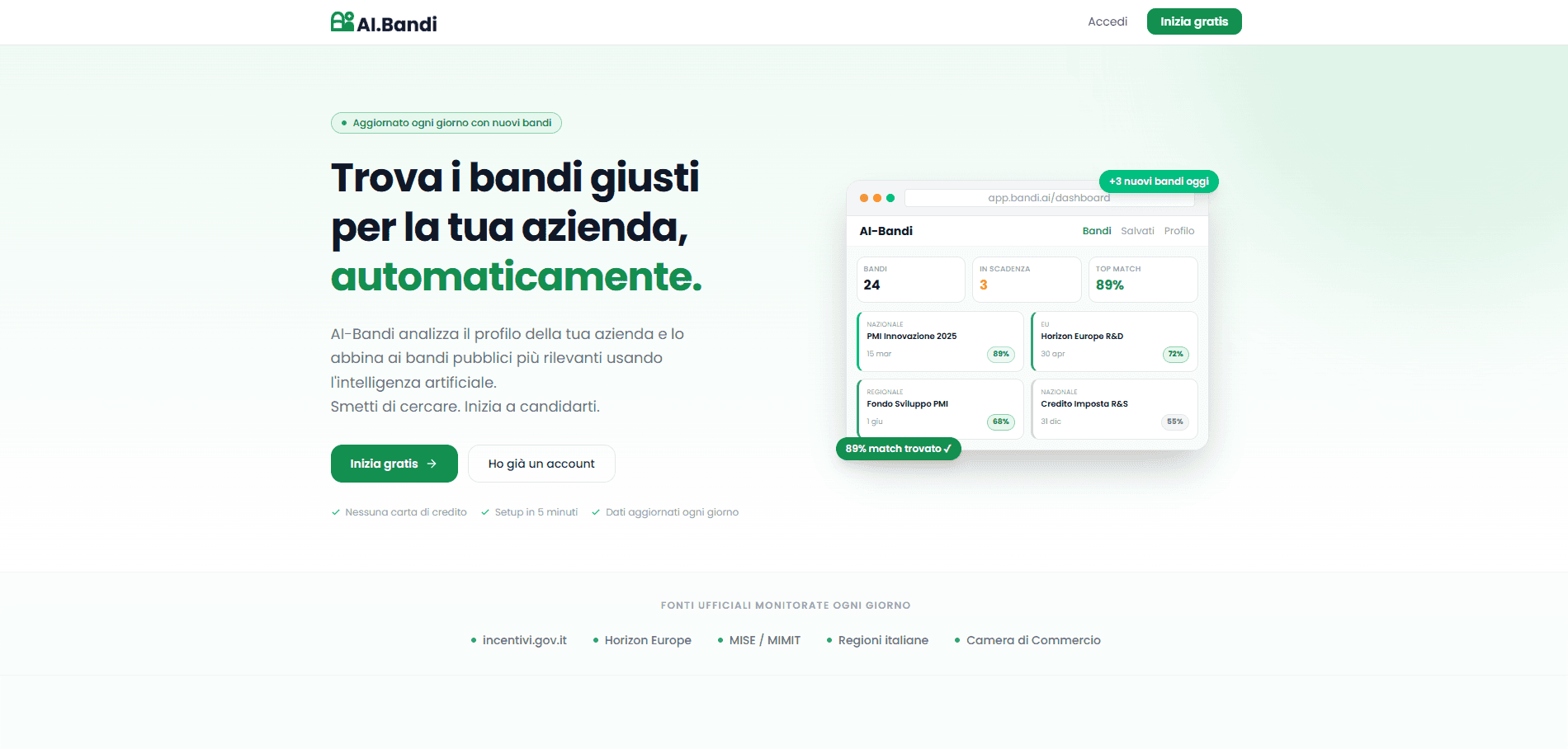 Interfaccia di AI.Bandi, ricerca di bandi e finanziamenti