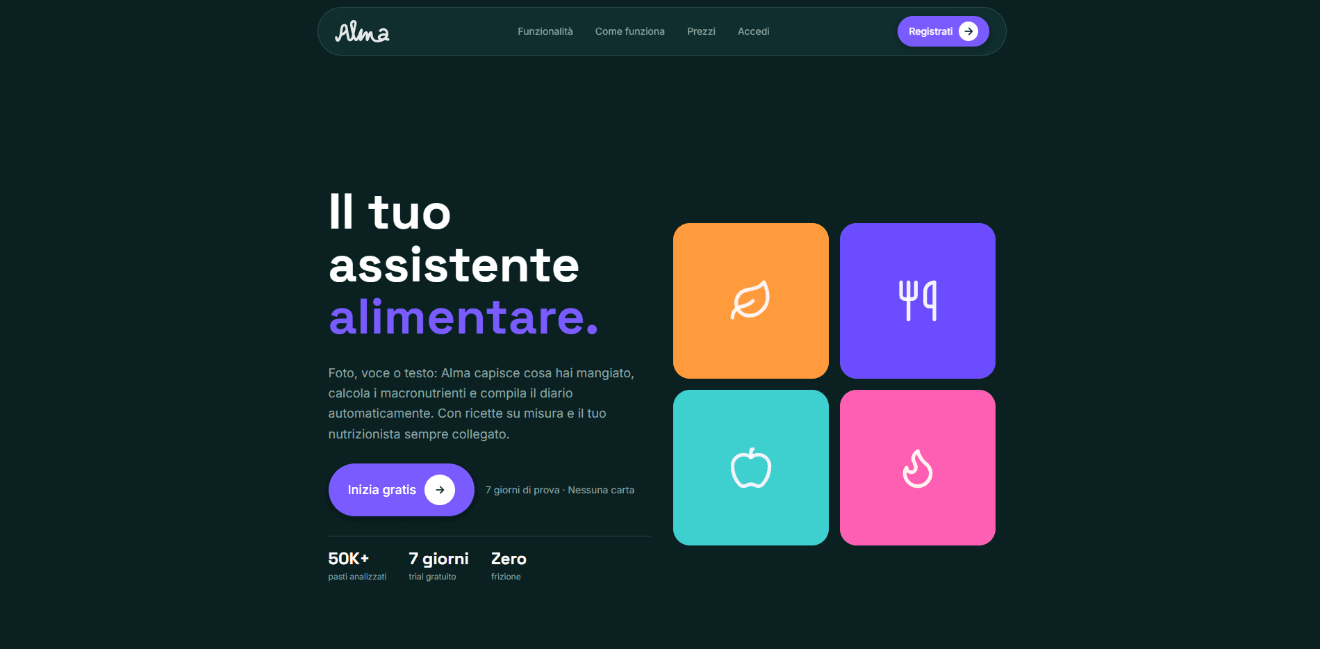 Screenshot di Alma — assistente nutrizionale privato e collaboratore del professionista