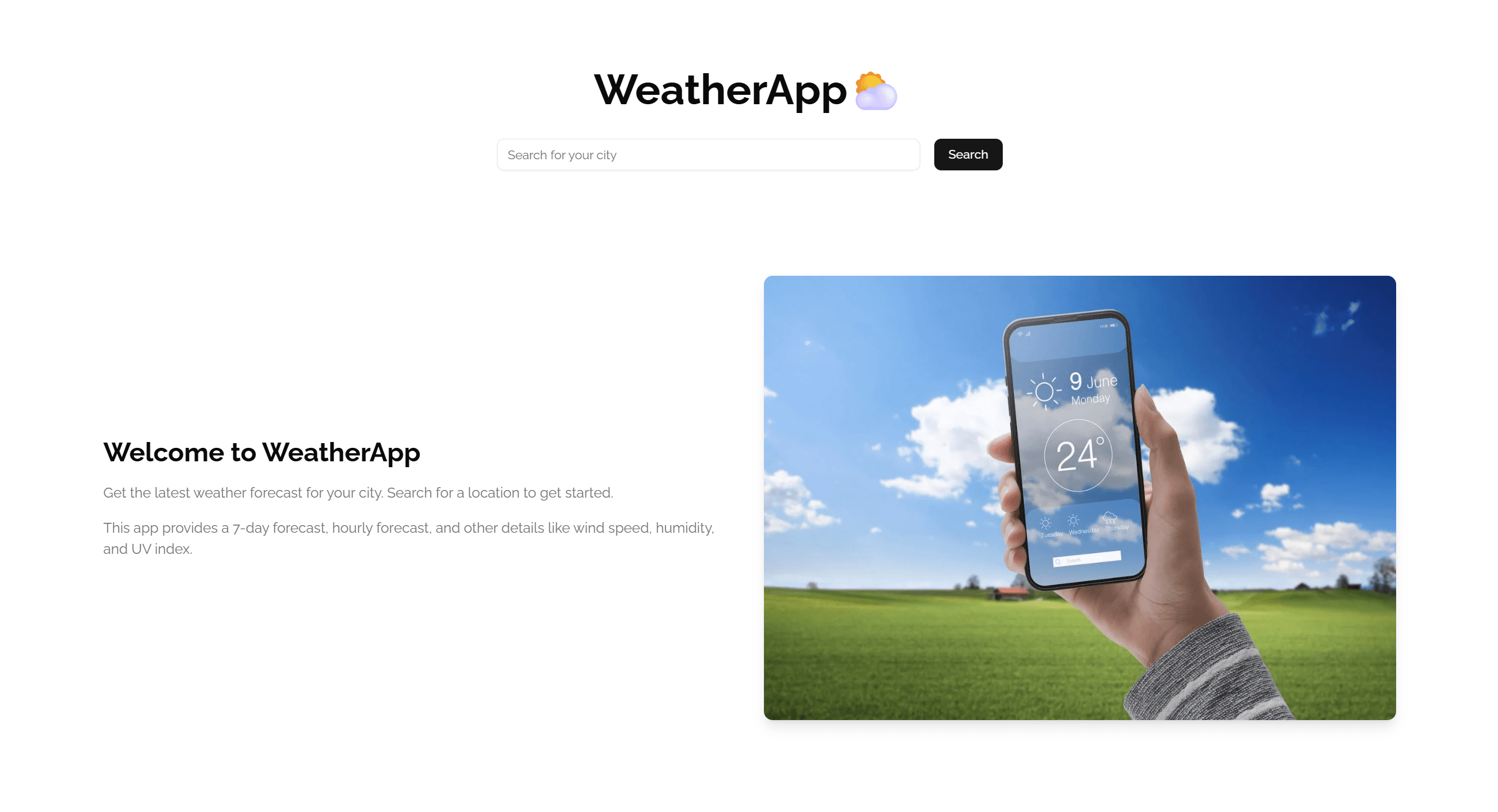 Interfaccia della Weather App con previsioni in tempo reale